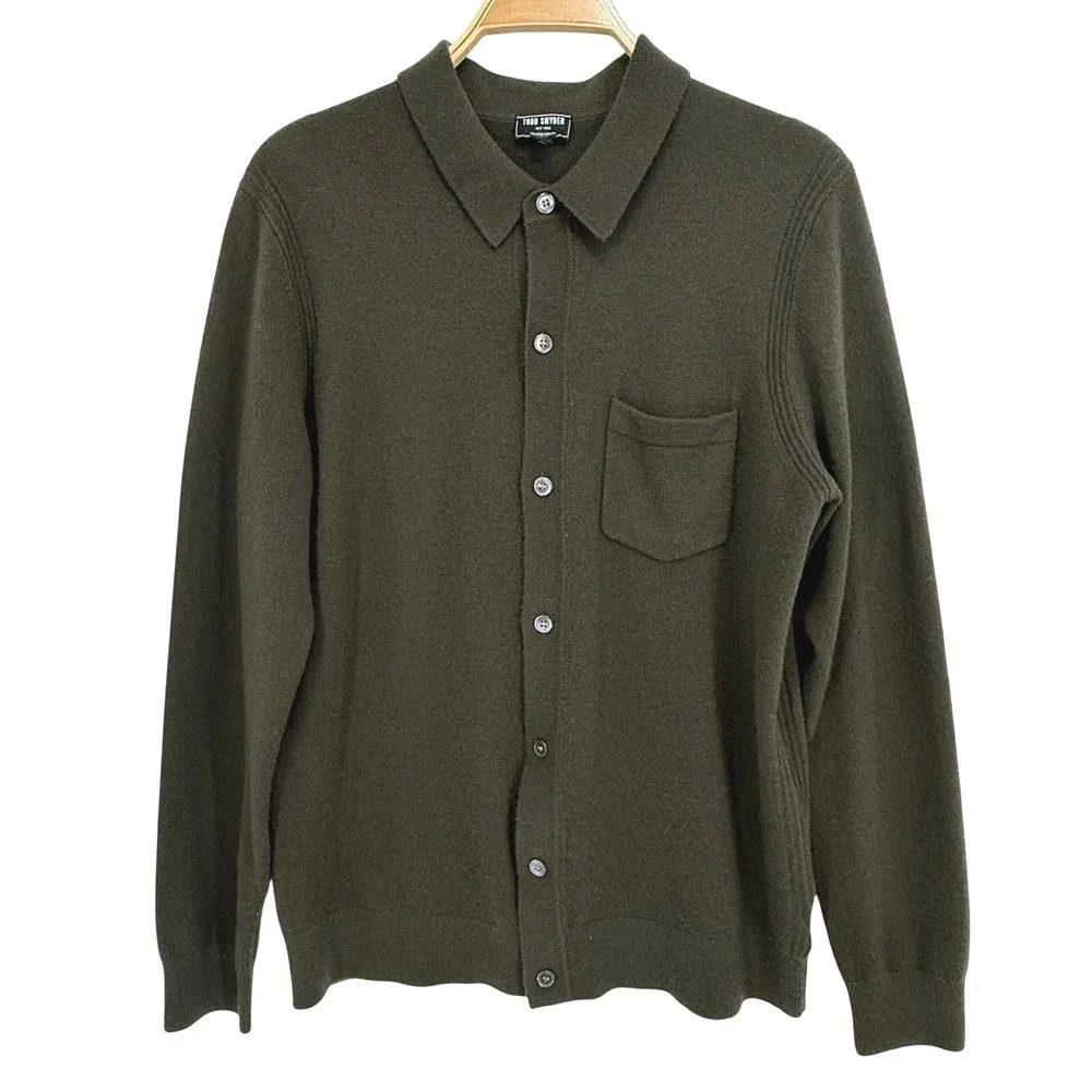 Todd Snyder 100% Cashmere Polo Sweater Mens Medium Olive Green Cardigan - Picture 1 of 8